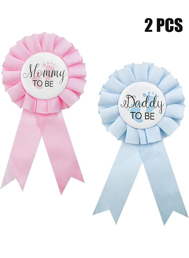 HY 2 Pieces Daddy and Mommy To Be Tinplate Badge Pin, Celebration Gender Reveal Party Favor New Dad Mom Gifts Rosette Buttons with Ribbon Baby Shower Decorations (Pink + Blue) - Image 1