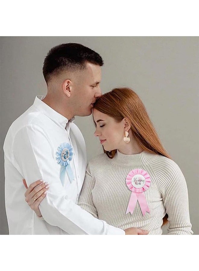 HY 2 Pieces Daddy and Mommy To Be Tinplate Badge Pin, Celebration Gender Reveal Party Favor New Dad Mom Gifts Rosette Buttons with Ribbon Baby Shower Decorations (Pink + Blue) - Image 5