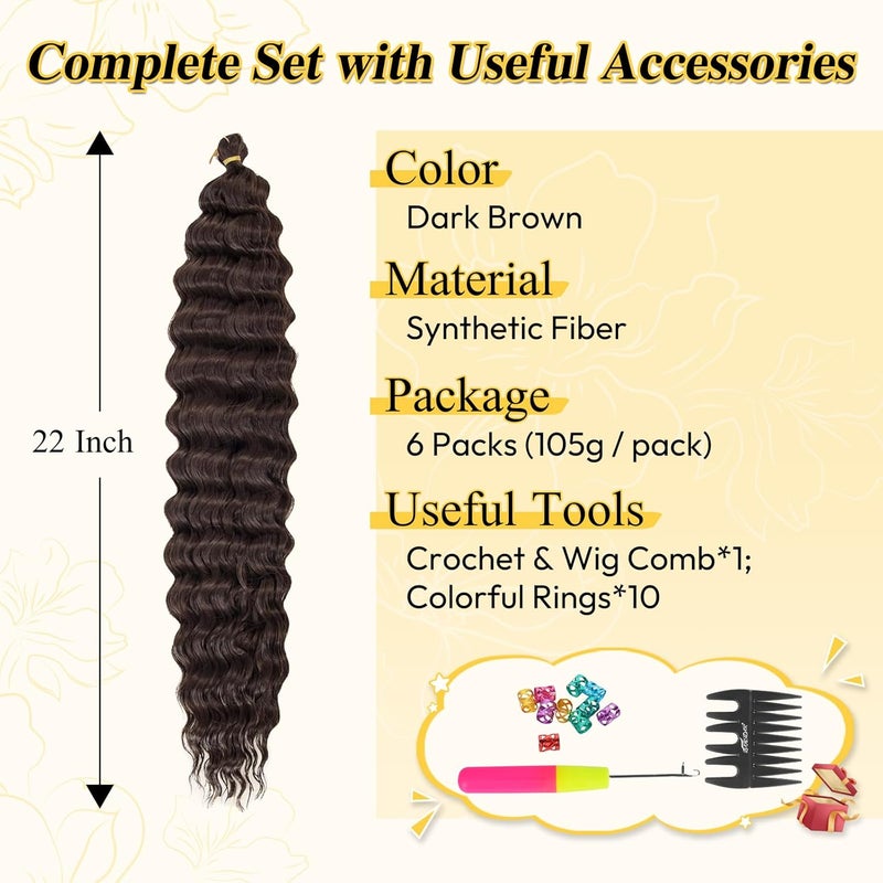 BARSDAR Ocean Wave Crochet Braiding Hair, 55 cm 6 Packs Deep Wave GoGo Curl Crochet Hair for Women Synthetic Boho Braids Long Wavy Curly Braids Hair Extension – Dark Brown - Image 2