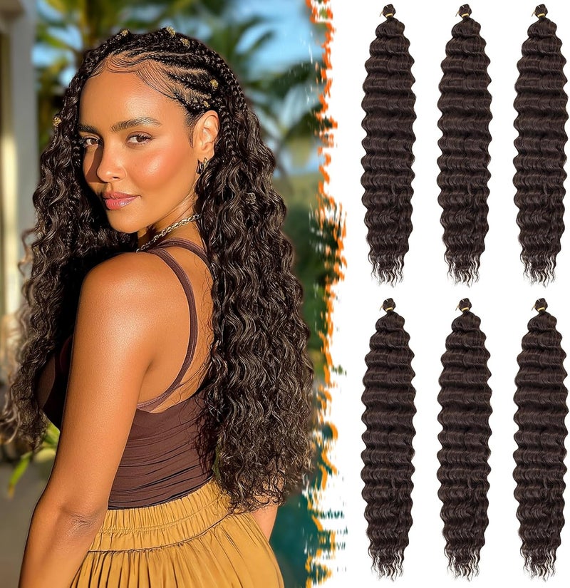 BARSDAR Ocean Wave Crochet Braiding Hair, 55 cm 6 Packs Deep Wave GoGo Curl Crochet Hair for Women Synthetic Boho Braids Long Wavy Curly Braids Hair Extension – Dark Brown - Image 1