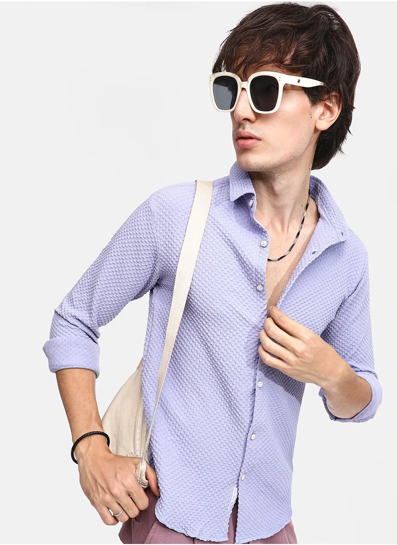 كامبوس سوترا Men's Icy Blue Embossed Micro Check Shirt