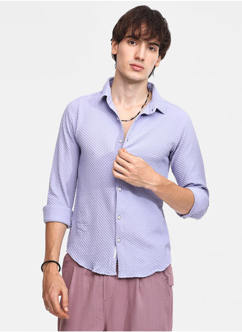 كامبوس سوترا Men's Icy Blue Embossed Micro Check Shirt