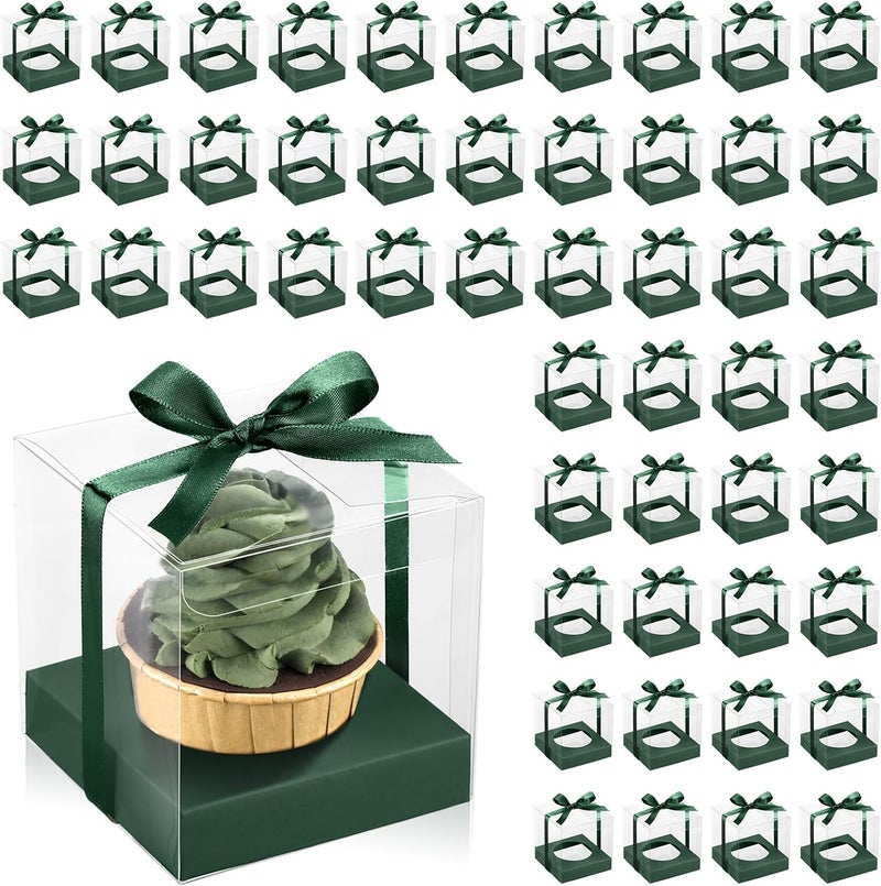 Thenshop 50 Pcs Clear Cupcake Boxes Individual 3.5 Inch Plastic Single Cupcake Containers Boxes with Inserts and Ribbon Individual Cake Storage Holders for Cake Kitchen(Green) - Image 1