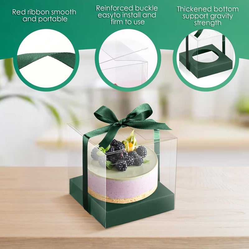Thenshop 50 Pcs Clear Cupcake Boxes Individual 3.5 Inch Plastic Single Cupcake Containers Boxes with Inserts and Ribbon Individual Cake Storage Holders for Cake Kitchen(Green) - Image 3