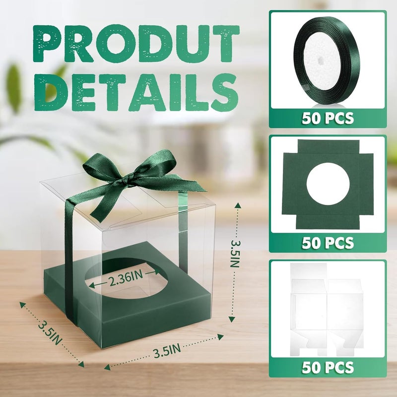 Thenshop 50 Pcs Clear Cupcake Boxes Individual 3.5 Inch Plastic Single Cupcake Containers Boxes with Inserts and Ribbon Individual Cake Storage Holders for Cake Kitchen(Green) - Image 2