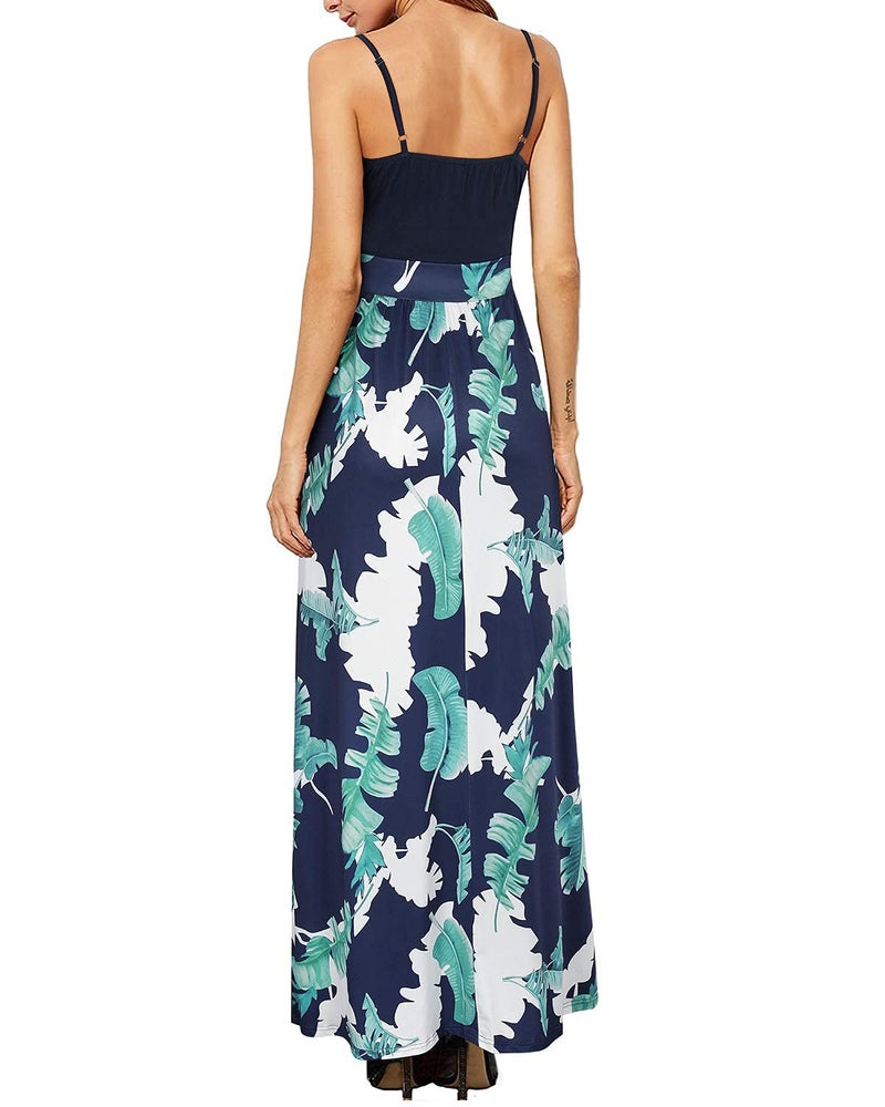Newshows Womens' Summer Dresses 2025 V Neck Spaghetti Strap Sleeveless Casual Split Beach Hawaiian Long Flowy Maxi Wedding Guest Trendy(Blue Floral Leaf,S) - Image 5