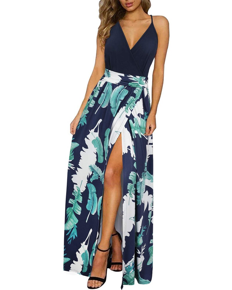 Newshows Womens' Summer Dresses 2025 V Neck Spaghetti Strap Sleeveless Casual Split Beach Hawaiian Long Flowy Maxi Wedding Guest Trendy(Blue Floral Leaf,S) - Image 1