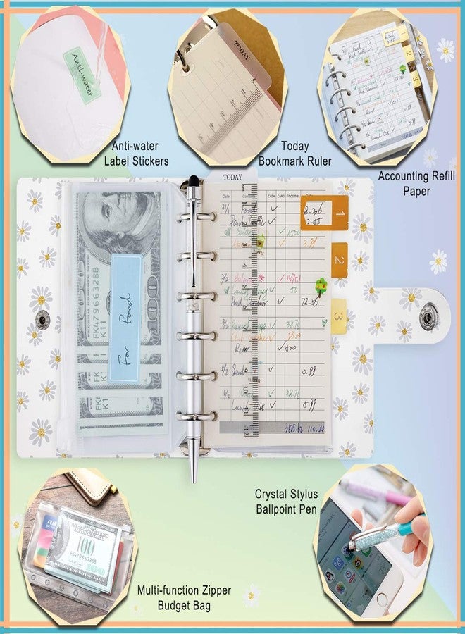 Harphia A7 Accounting Binder Planner 5.39x4.33" Transparent Daisy Ringbound Notebook, with Zip Pouch Bags, Today Bookmark Ruler, Accounting Refills Paper, Pen, Label Sticker - Image 5