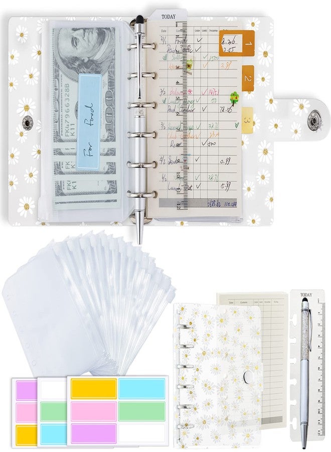 Harphia A7 Accounting Binder Planner 5.39x4.33" Transparent Daisy Ringbound Notebook, with Zip Pouch Bags, Today Bookmark Ruler, Accounting Refills Paper, Pen, Label Sticker - Image 1