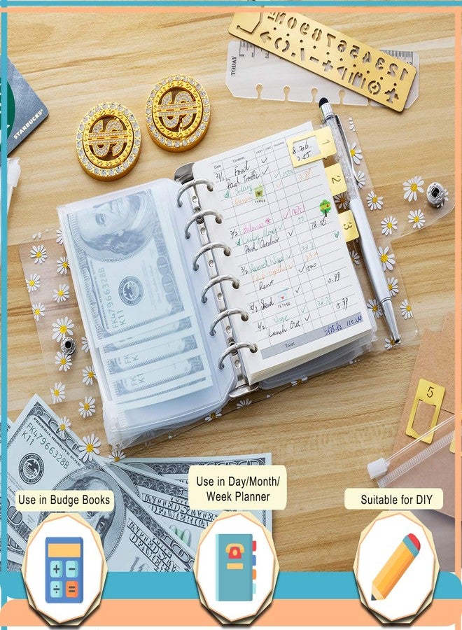 Harphia A7 Accounting Binder Planner 5.39x4.33" Transparent Daisy Ringbound Notebook, with Zip Pouch Bags, Today Bookmark Ruler, Accounting Refills Paper, Pen, Label Sticker - Image 3