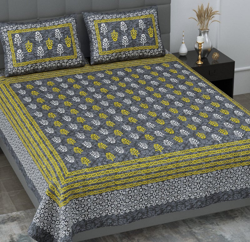 SheetKart 144 TC Motif Printed Jaipuri Cotton Double Bedsheet with 2 Pillow Covers, Light Grey - Image 1
