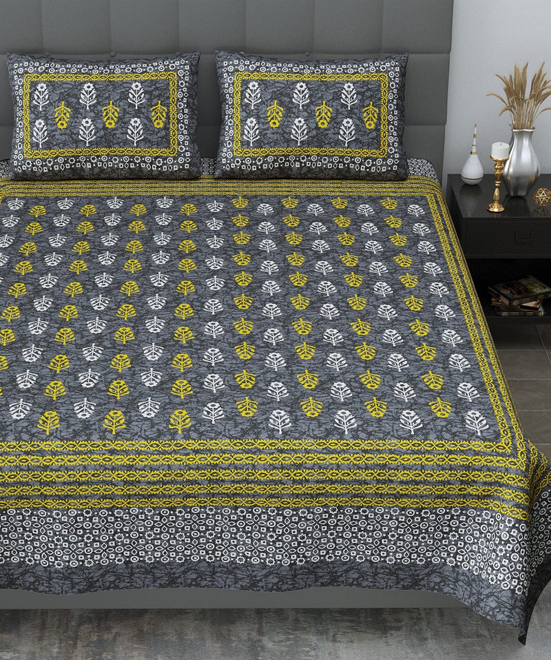 SheetKart 144 TC Motif Printed Jaipuri Cotton Double Bedsheet with 2 Pillow Covers, Light Grey - Image 2