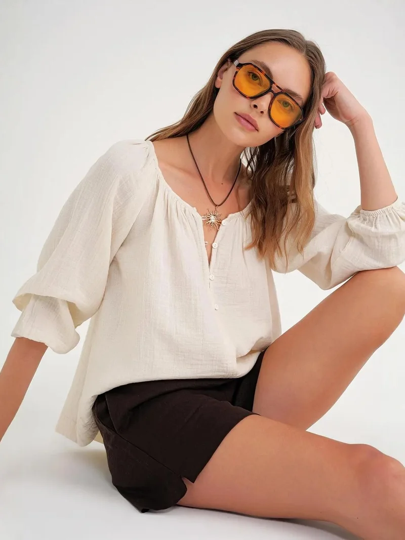 Mixray Natural Mixray Buttoned Muslin Blouse for Women | Best Price UAE