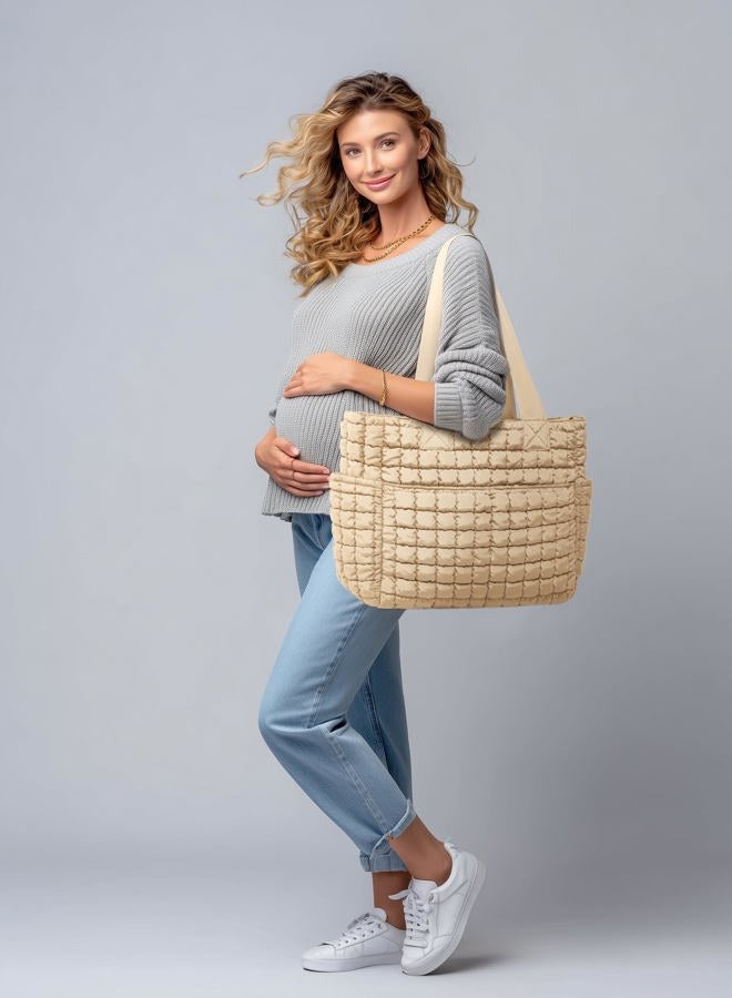 Yarnic Puffer Tote Bag for Women, Large Lightweight Tote with Zipper and 7 Pockets, Puffy Shoulder Bag for Travel, Gym, Work, Coconut Milk - Image 3