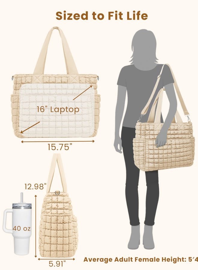 Yarnic Puffer Tote Bag for Women, Large Lightweight Tote with Zipper and 7 Pockets, Puffy Shoulder Bag for Travel, Gym, Work, Coconut Milk - Image 4