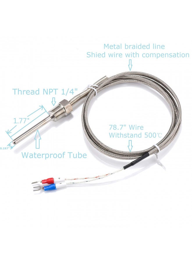 Jaybva Waterproof K Type Grounded Thermocouple - Jaybva Temperature Sensor Probe for PID Temperature Controller Two Wire Stainless Steel NPT 1/4 inch Pipe Thread 0~500 with 2m Insulation Lead Shield Wire  - Image 4
