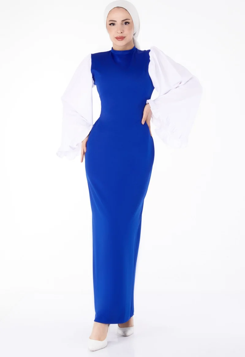 Tofisa Plain Judge Collar Women's Blue Spanish Sleeve Detail Dress - 13195