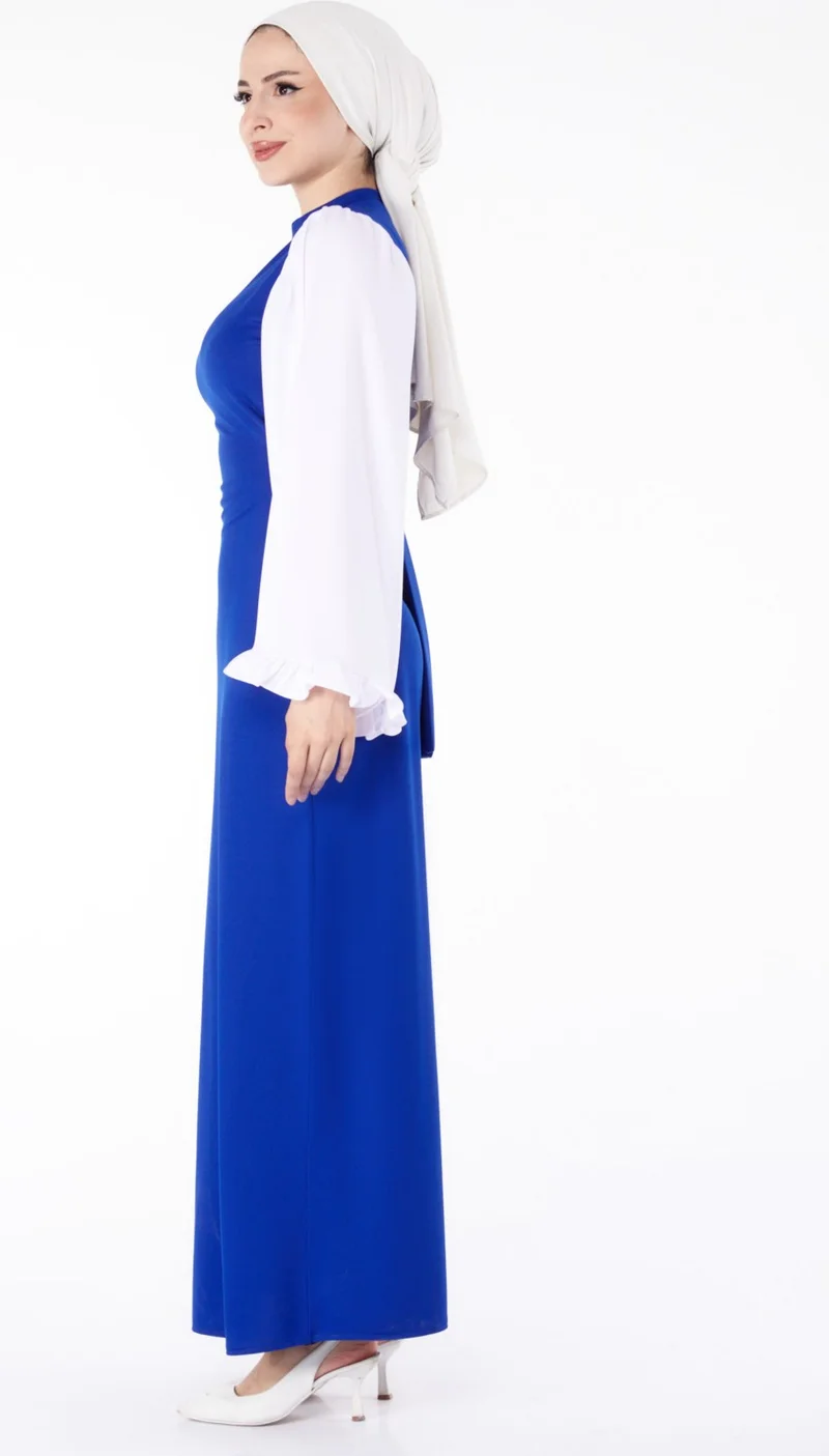 Tofisa Plain Judge Collar Women's Blue Spanish Sleeve Detail Dress - 13195