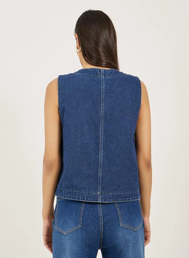 Styli Denim Waistcoat with Pocket Detail