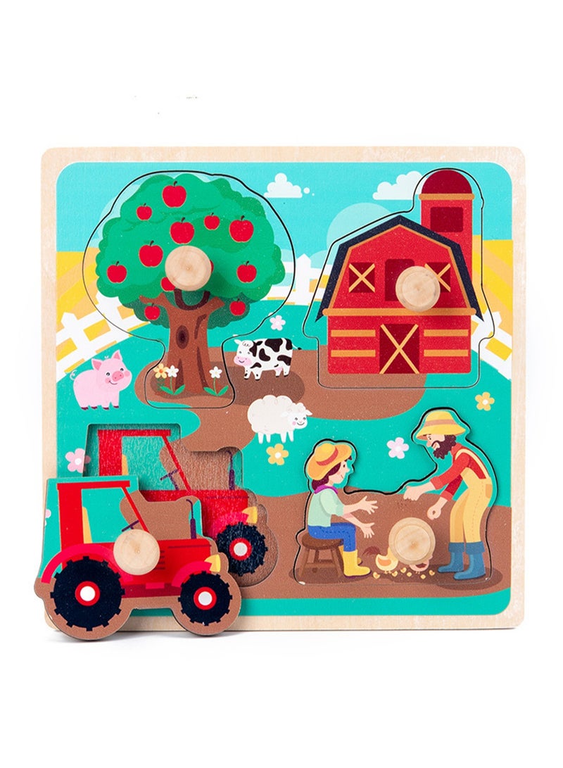 لعبة أحجية الصور المقطوعة الخشبية للأطفال بعمر 1-3 سنوات بنمط ريفي مقاس 15 سم مع مقبض، لعبة أحجية تعليمية للأطفال الصغار لتنمية المهارات الحركية الدقيقة، هدية مثالية للأولاد والبنات بعمر 1 - 2 - 3 س - Image 1