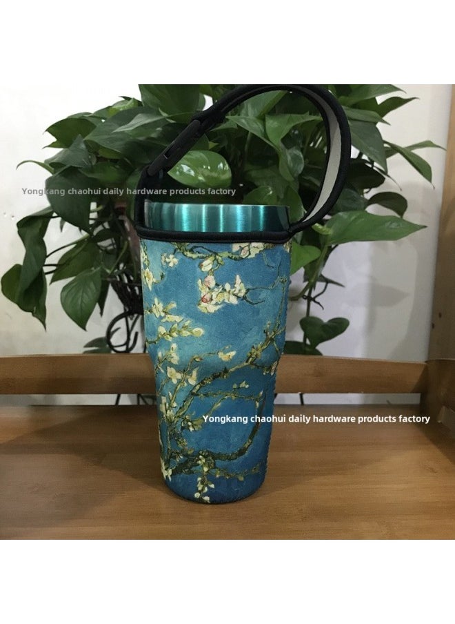 Generic - Factory Wholesale Cartoon Ice Cream Cup 30Oz Car Cup Vacuum Cup Cover Portable Drop-resistant Handbag Diving Material Cup Cover-Color:Blue Apricot Flower-Capacity:900ml(30oz Ice Cream) - Image 1