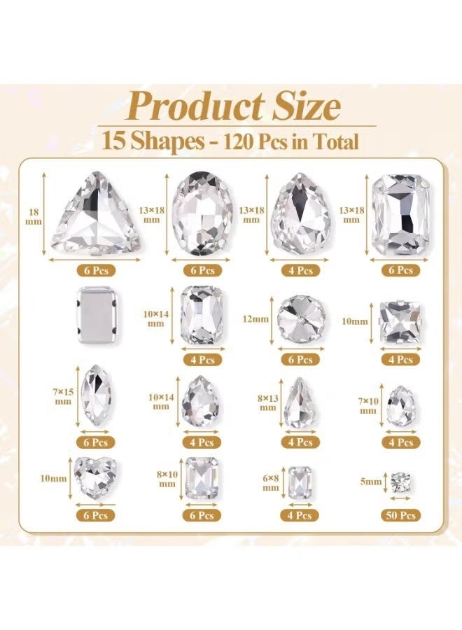 GIFT 120 PCS White Bedazzling Sew on Rhinestones, Mixed Shape Charms Claw Flatback Glass Rhinestone with Metal Base for Crafting, Large Gems for Clothes Shoes Hats Collars Bags & Sewing Accessories - Image 2