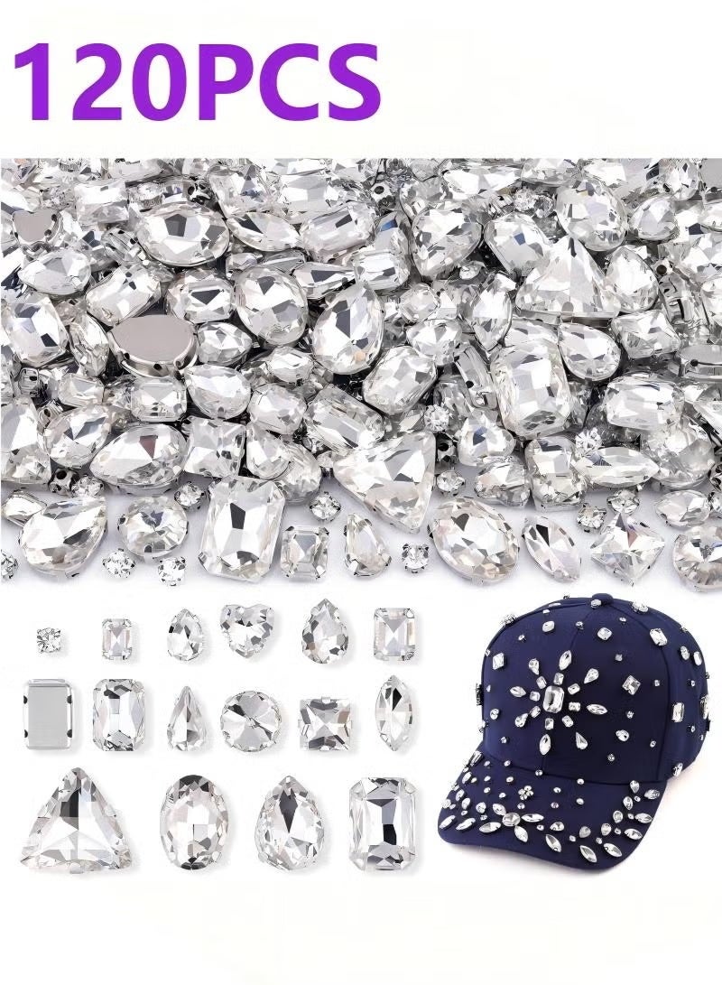 GIFT 120 PCS White Bedazzling Sew on Rhinestones, Mixed Shape Charms Claw Flatback Glass Rhinestone with Metal Base for Crafting, Large Gems for Clothes Shoes Hats Collars Bags & Sewing Accessories - Image 1