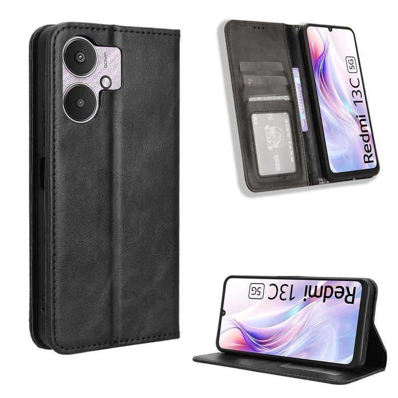 HuHa Case Cover For Xiaomi Redmi 13C 5G / 13R 5G Magnetic Buckle Retro Texture Leather Phone Case(Black) - Image 1