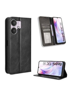 HuHa Case Cover For Xiaomi Redmi 13C 5G / 13R 5G Magnetic Buckle Retro Texture Leather Phone Case Black 