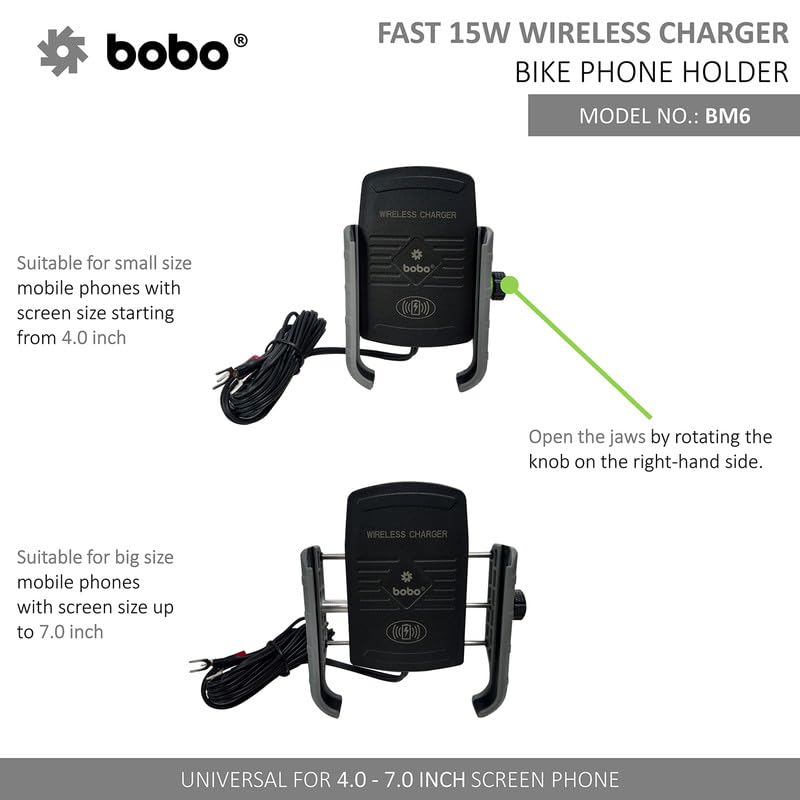 Bobo BM6 Jaw-Grip Waterproof Bike/Motorcycle/Scooter Mobile Phone Holder Mount with Fast 15W Wireless Charger, Ideal for Maps and GPS Navigation (Silver) - Image 3