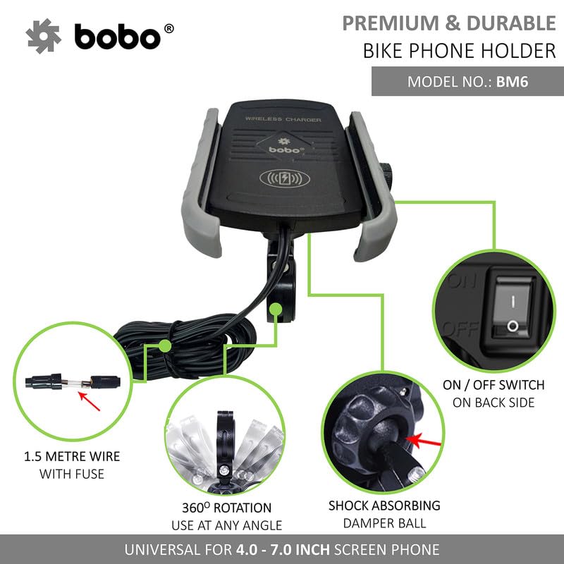 Bobo BM6 Jaw-Grip Waterproof Bike/Motorcycle/Scooter Mobile Phone Holder Mount with Fast 15W Wireless Charger, Ideal for Maps and GPS Navigation (Silver) - Image 2