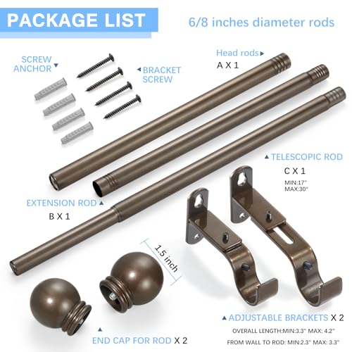 AMZSEVEN Curtain Rods for Windows 16 to 48 Inches, Curtain Rod Max Adjustable Length of 60 IN, 6/8" Diameter Drapery Rods Round Finials, Brown, Pack of 1 - Image 3