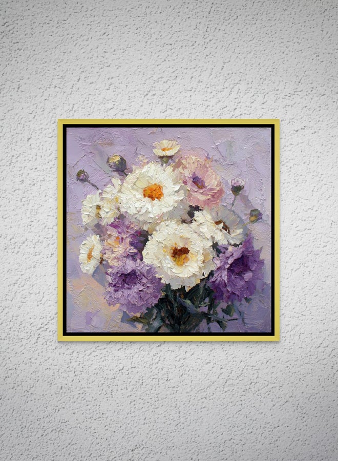 Art Decor Framed Canvas Square Print of White and Purple Floral Bouquet Modern Abstract Botanical Wall Art Living Room Bedroom Office Décor - Image 1