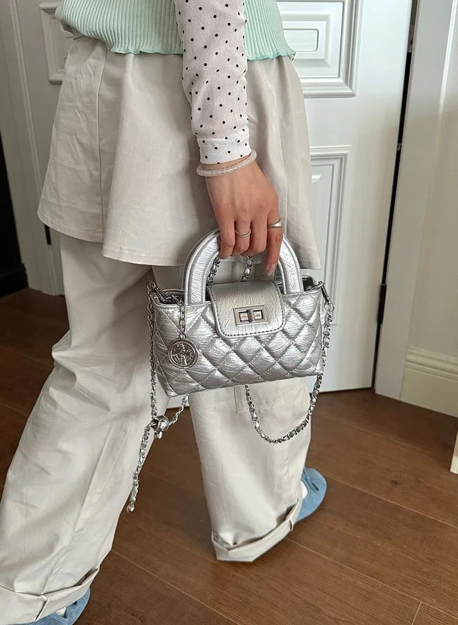 تايك تو Silver Quilted Mini Handbag with Chain Strap