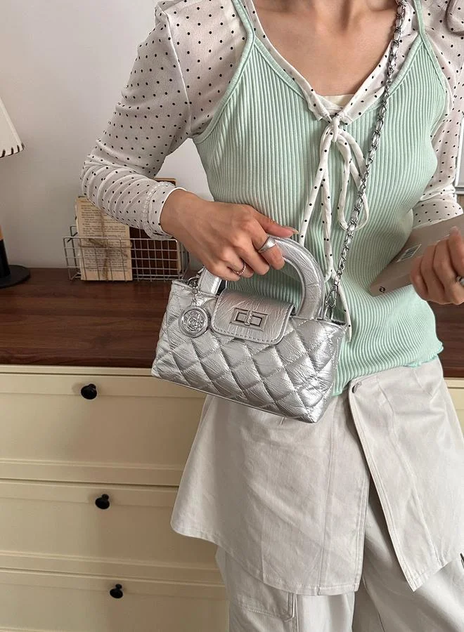 تايك تو Silver Quilted Mini Handbag with Chain Strap