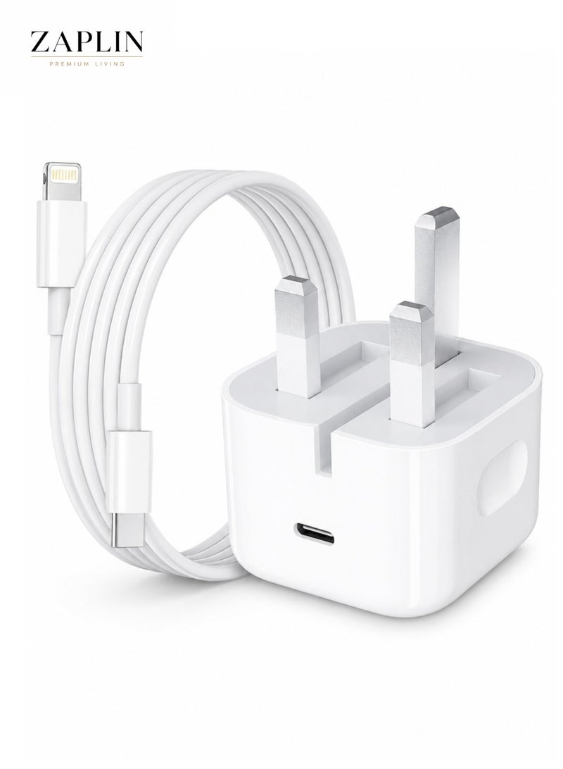 ZapLin iPhone 20W Fast Charger USB C Wall Adapter Original PD Type C Charger with 1M USB C to Lightning Cable Apple Adapter for iPhone 16/15/14/14 Pro Max/13/12/SE 2020/11/XR/XS Max/X/iPad - Image 1