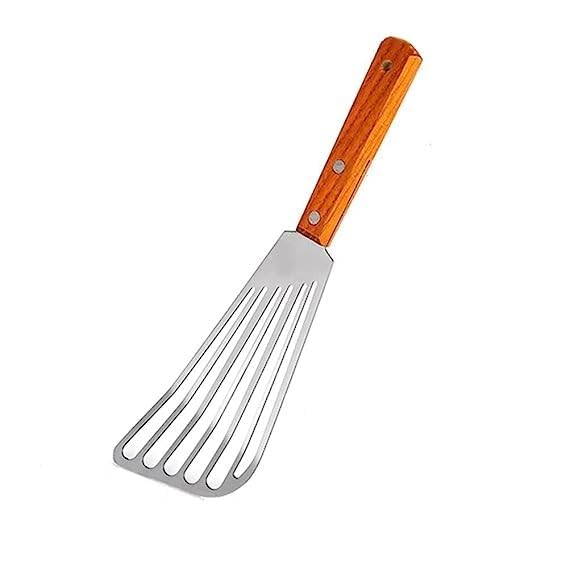 MeeTo Stainless Steel Slotted Turner Slotted Fish Spatula with Wooden Handle Heat Resistant Fish Turner Steel Blade Thin & Flexible for Turning & Flipping Fish Egg Pancake for Kitchen Pack of 1 - Image 1