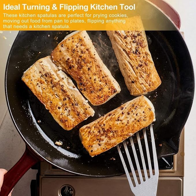 MeeTo Stainless Steel Slotted Turner Slotted Fish Spatula with Wooden Handle Heat Resistant Fish Turner Steel Blade Thin & Flexible for Turning & Flipping Fish Egg Pancake for Kitchen Pack of 1 - Image 3