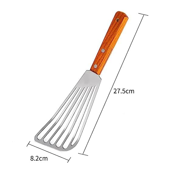 MeeTo Stainless Steel Slotted Turner Slotted Fish Spatula with Wooden Handle Heat Resistant Fish Turner Steel Blade Thin & Flexible for Turning & Flipping Fish Egg Pancake for Kitchen Pack of 1 - Image 2