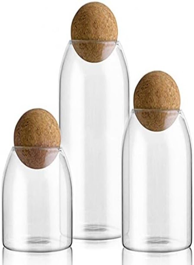 AKDC Mdluu Set Of 3 Glass Jars With Cork Lid And Glass Ball With Wooden Lid For Coffee, Tea, Spices, Sugar, Salt, 500Ml, 800Ml, 1200Ml - Image 1