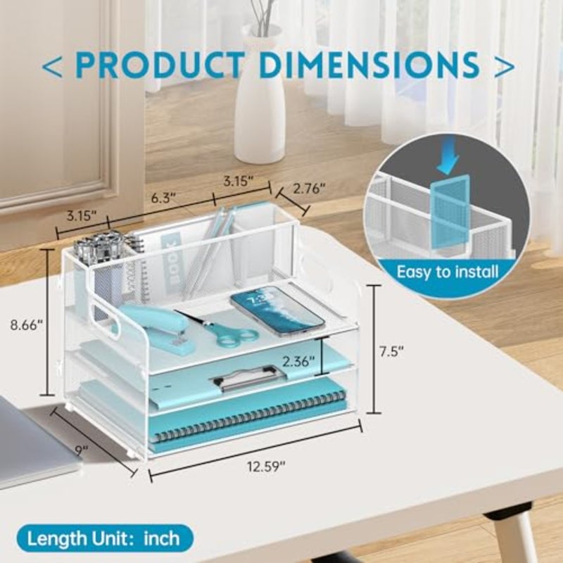3 Tier Paper Letter Tray Organizer with Pen Holder for Desk, Black Metal Mesh Desk File Folder Sorter Organizer with Handle and Sliding Tray for Home, Office, School Supplies Organization White - Image 3