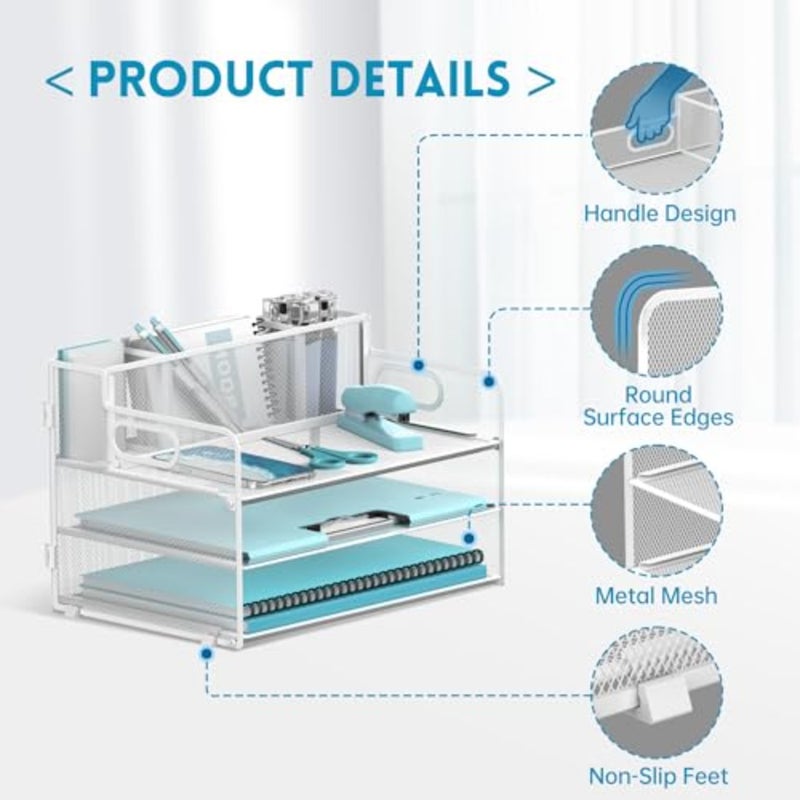 3 Tier Paper Letter Tray Organizer with Pen Holder for Desk, Black Metal Mesh Desk File Folder Sorter Organizer with Handle and Sliding Tray for Home, Office, School Supplies Organization White - Image 5
