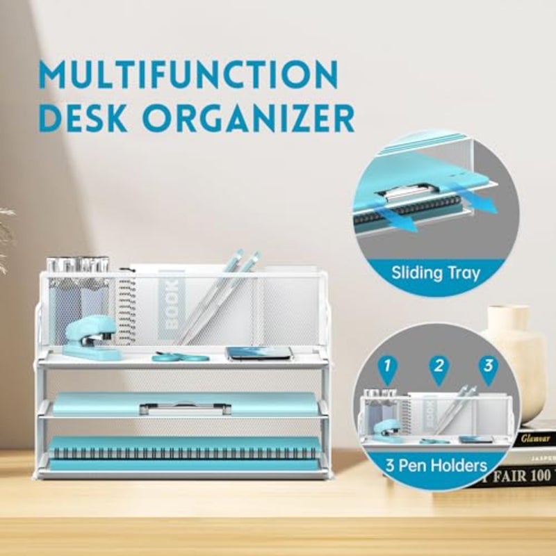 3 Tier Paper Letter Tray Organizer with Pen Holder for Desk, Black Metal Mesh Desk File Folder Sorter Organizer with Handle and Sliding Tray for Home, Office, School Supplies Organization White - Image 4