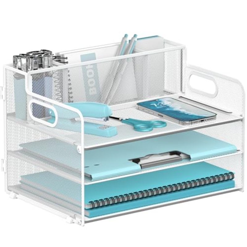 3 Tier Paper Letter Tray Organizer with Pen Holder for Desk, Black Metal Mesh Desk File Folder Sorter Organizer with Handle and Sliding Tray for Home, Office, School Supplies Organization White - Image 1