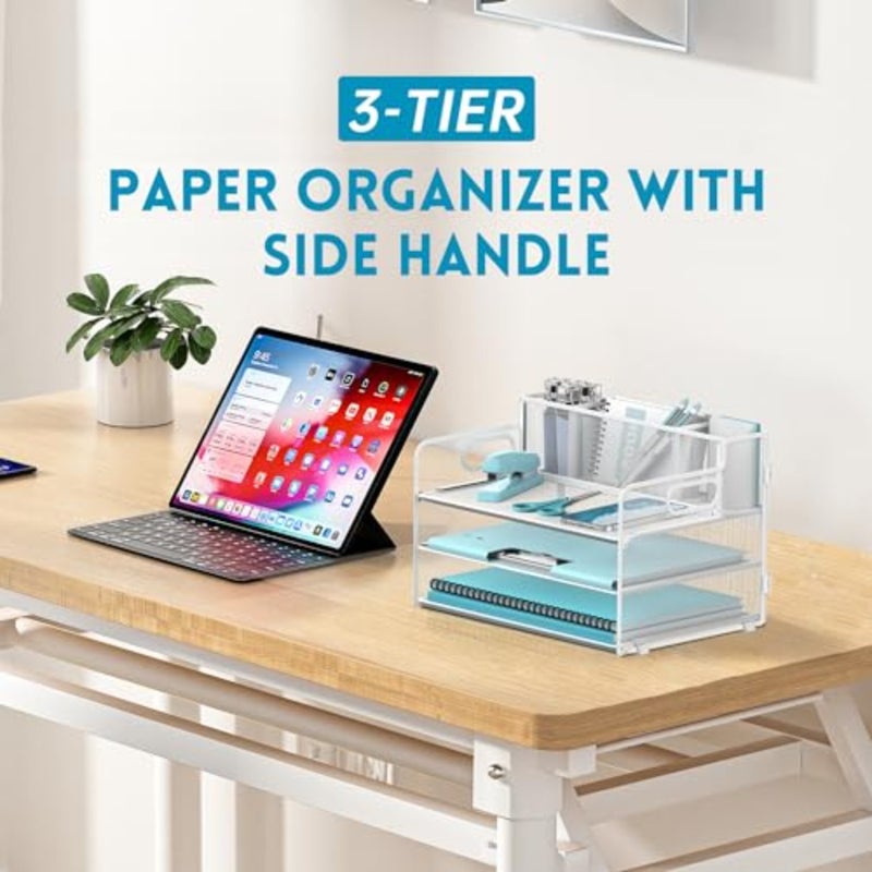 3 Tier Paper Letter Tray Organizer with Pen Holder for Desk, Black Metal Mesh Desk File Folder Sorter Organizer with Handle and Sliding Tray for Home, Office, School Supplies Organization White - Image 2