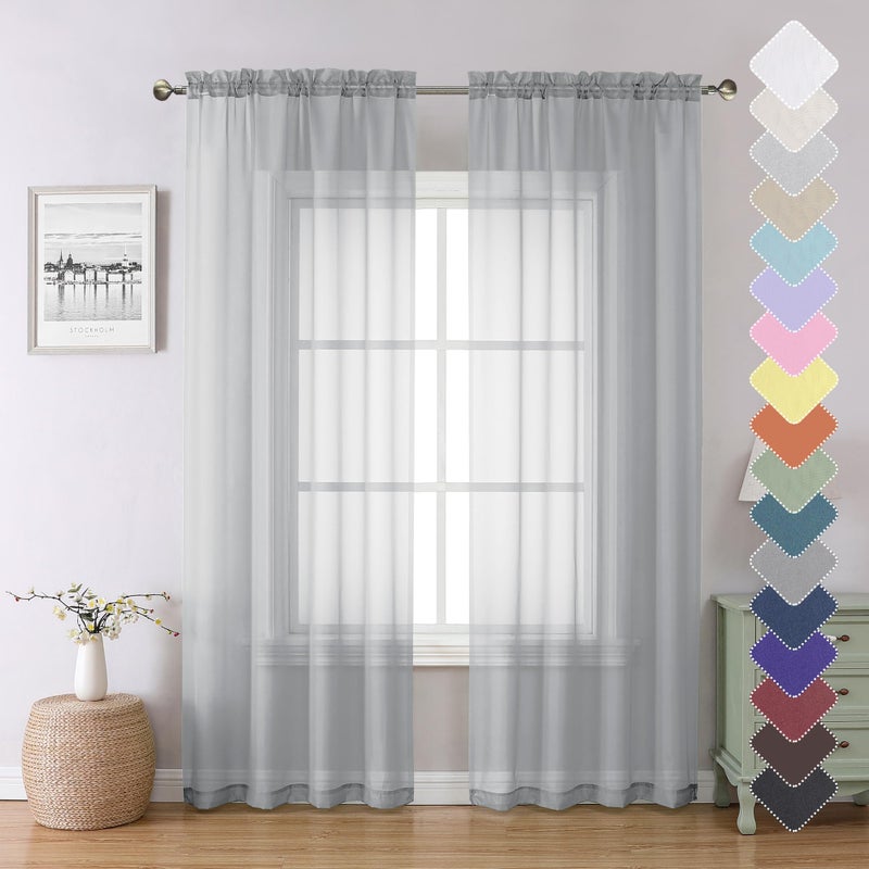 Lecloud Light Grey Sheer Curtains 84 Inch Length 2 Panels, Balance Light & Privacy Dining Room/Bedroom/Living Room Window Silver Gray Curtain, Dual Rod Pockets Solid Voile Drapes, 40x84 Inches - Image 1