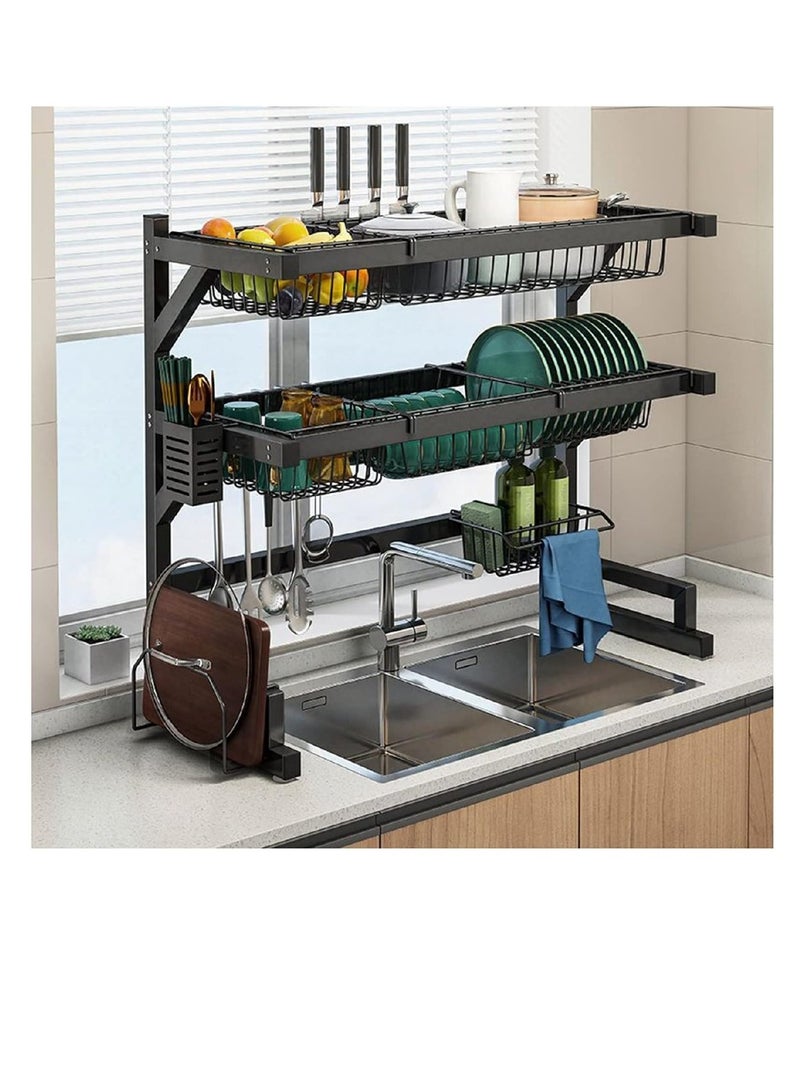 BAIG 2 Tier over sink dish drying rack 85cm width 2 cutlery holders adjustable dish drainer for kitchen storage countertop - Image 1