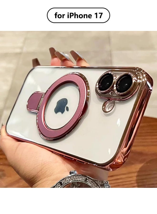 جراب مغناطيسي لهاتف iPhone 17، مع حامل حلقي غير مرئي، واقي مدمج لعدسة الكاميرا، متوافق مع MagSafe، جراب ناعم مقاوم للخدش والصدمات لهاتف iPhone 17 مقاس 6.3 بوصة، وردي - Image 1