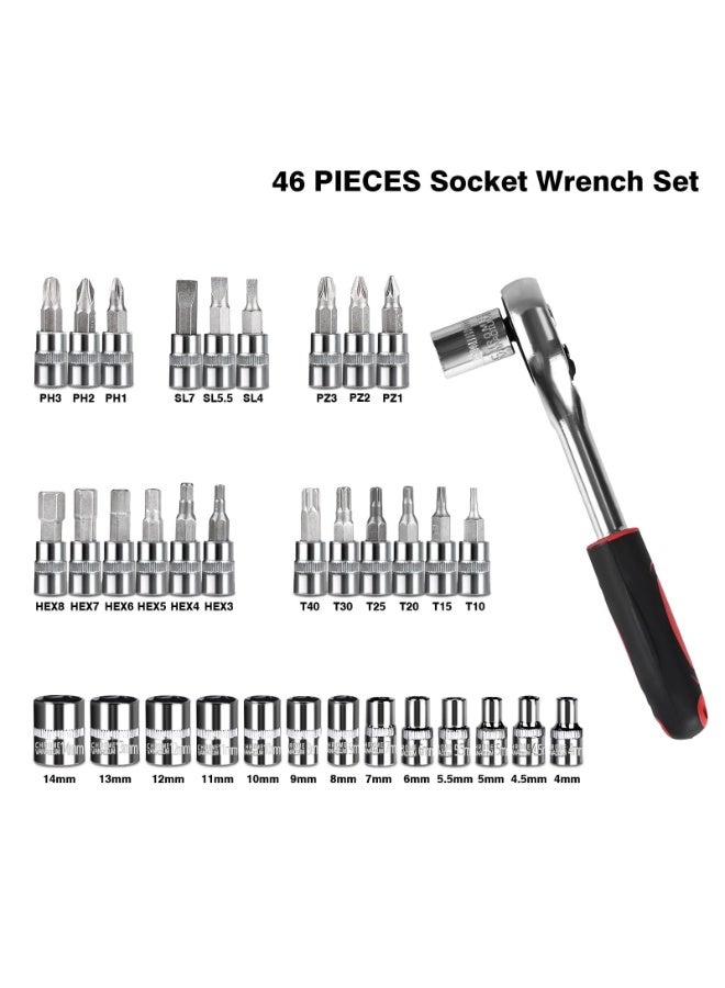 مجموعة المقابس, 46 قطعة 1/4 بوصة مفاتيح Ratchet مجموعة, مجموعة المقابس CR-V المترية مع شريط التمديد, مجموعة أدوات السيارات الميكانيكية للاستخدام المنزلي, مجموعة بت السائق مع حالة التخزين - Image 4