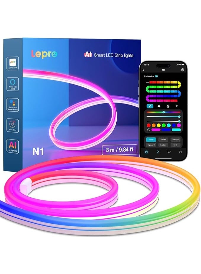 Lepro N1 AI Smart Rainbow Neon Light Strip 3M, 96 LEDs/M, Work with Alexa, Google Home, Music Sync, AI Lighting Design Assistant, IP65 Rope Light, MagicColor LED Light, App & Voice Control, No Remote - Image 1